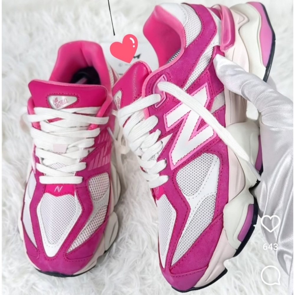 . New Balance Womens Fuschia Pink/White Suede 9060 Sneakers - Picture 4 of 15
